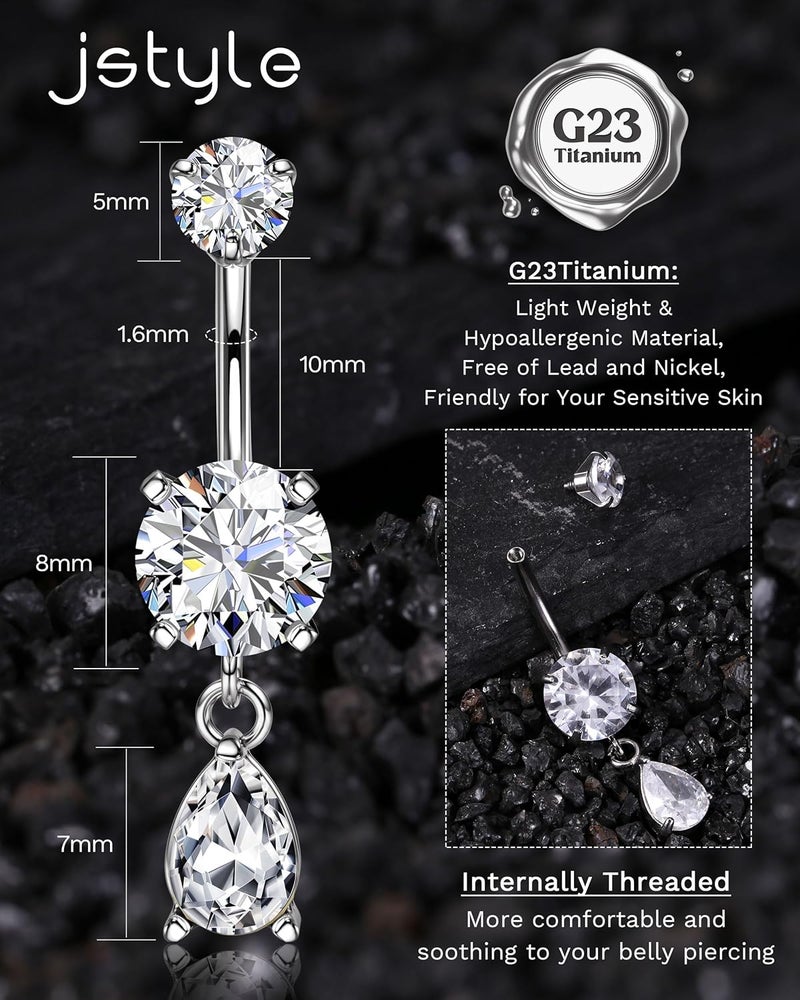 Jstyle G23 Titanium Dangle Belly Button Rings for Women 14G Internally Threaded Belly Ring Dangling Piercing Jewelry with Heart Butterfly CZ Hypoallergenic Navel Piercing Ring - Image 2